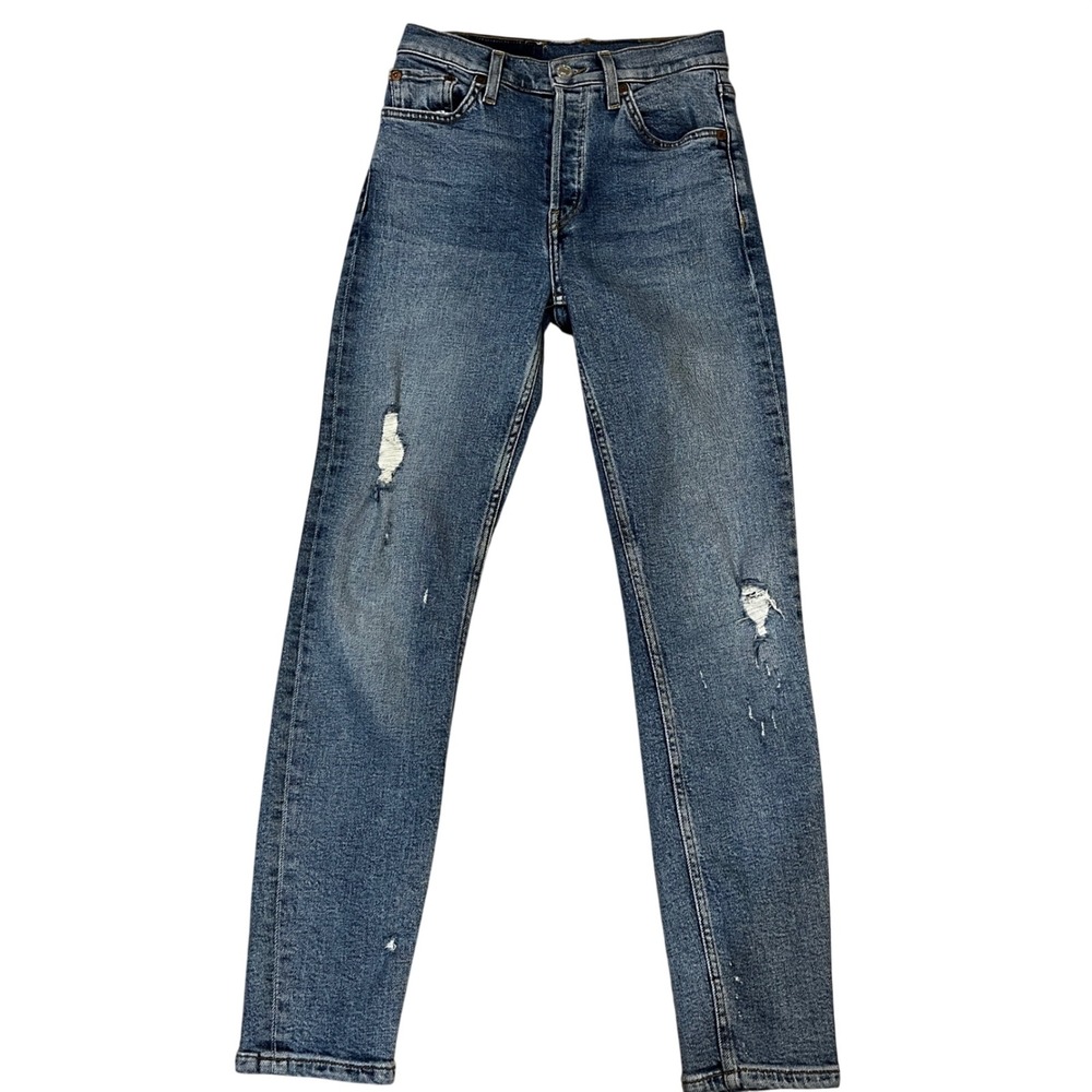 RE/DONE Originals High Rise Ankle Crop Stretch Distressed Jeans 24 Mid 90s Wash